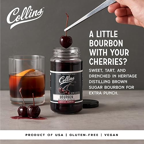 Collins Bourbon Cocktail Cherries - Drinks Garnish for Manhattan or Old Fashioned Cocktails and Desserts, Made with Award Winning Whiskey, 11 Ounce Glass Jar - Thumbnail 2