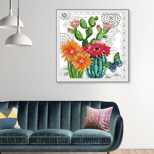 Image of Qeerysew Cross Stitch Kits Stamped Full Range of Embroidery Starter Kits for Beginners DIY- Printed Kits Prickly Pear Flower(Printed) 11CT18.9x18.9inches