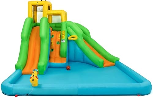 Miniatura 9 de OLAKIDS Tobogán acuático inflable, casa de rebote 6 en 1 con 2 toboganes, pared de escalada, piscina de salpicaduras, borde de baloncesto, pistola