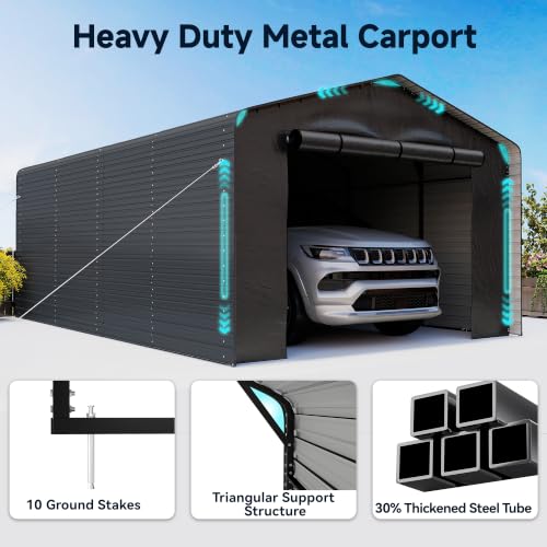 Image of Real Relax 12x20 FT Metal Carport with Side Panels & PE Sidewalls, Gray | Heavy Duty, Reinforced Bars, 2 Zipper Doors, Steel Wire Rope, Enclosed Car Ports for Cars and Boats, Tools