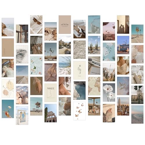 Image of Paper9store Pack Of 50 Aesthetic Wall Collage Kit - 4?6 Inches Self Adhesive Wall Posters For Bedroom, Living Room, Office A6 Size (Beach netural)