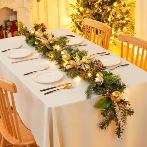 Prelit Christmas Garland, 6 Ft Battery Operated, Waterproof, Lighted for Mantle, Stairs, Table - Gold
