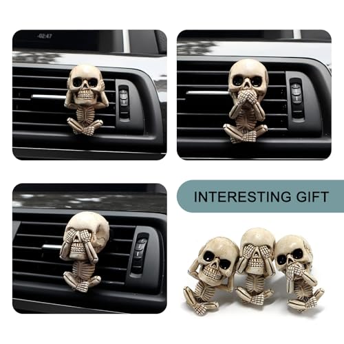Image of 3 PCS Car Air Conditioner Outlet Diffuser, 1.15 inch x 2.1 inch x 1.5 inch Cool Skull Design Air Fresh Clips, Creative Halloween Resin Car Interior Ornaments, Universal for Most Cars (White)