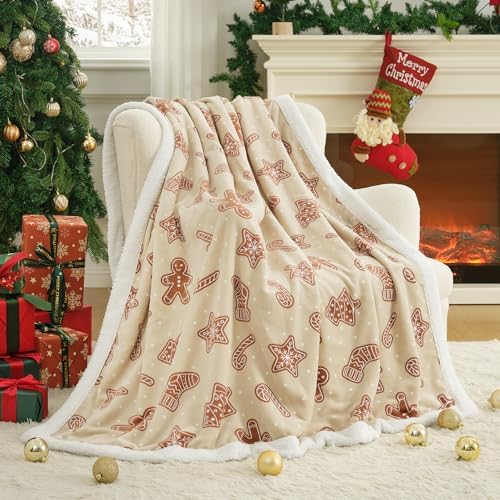 Cozy Bliss Luxury Sherpa Throw Blanket for Couch, Premium Reversible Thick Throw with Gingerbread & Candy Cane Design, Warm Cozy Soft Blanket for Home and Gifts (50 * 60)