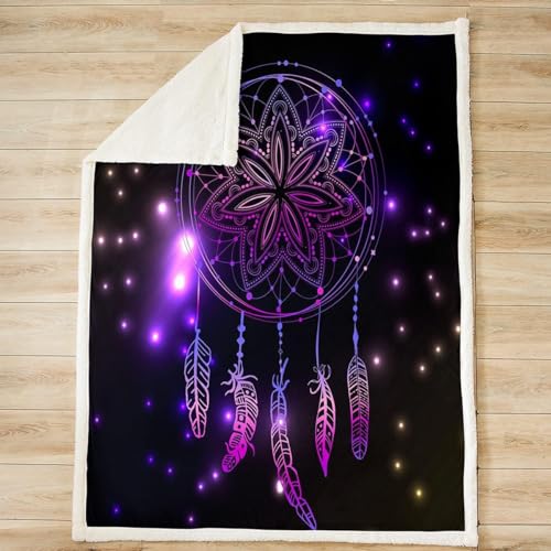 Homemissing Purple Dream Catcher Throw Blanket Bohemia Feather Decor Sherpa Blanket for Couch Bed Sofa Dream Catcher Fuzzy Blanket Decor Plush Throw Blanket 60x79 Inch - Image 2