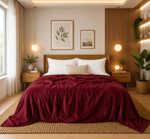 Image of SANMARINO Premium Solid Flannel Blanket for Single Bed | Super Soft Touch Plush Fleece Blanket | All Season Lightweight Yet Cozy Blanket for Bed,Sofa,Couch, Travel & Camping | 152 x228 cm (Red)