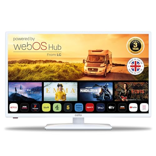 Téléviseur Intelligent Traveller 32 Pouces 12 V Cello White, WebOS Ultra-Rapide, Freeview Play, FreeSat, Bluetooth, Netflix, Apple TV et DAZN pour Camping-Cars, caravanes et camions [2025]