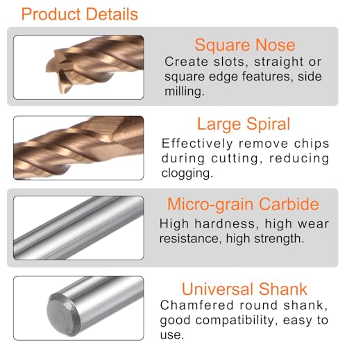 Image of HARFINGTON 5pcs Carbide Square End Mills 3mm (1 /8 inch) Dia 4mm (5 /32 inch) Shank 75mm (3 inch) Extra Long HRC55 TiSiN Coated Micro-Grain Tungsten Carbide 4 Flutes Milling Bit Cutter