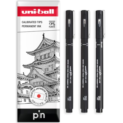 Uni Pin Fineliner Stylo à dessin – 0,1 mm, 0,5 mm et pointes pinceau – Encre noire – Lot de 3 – Dans un coffret cadeau