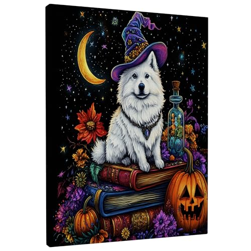 Lienzo de perro samoyedo bruja y libro mágico, decoración de pared artística para baño y salón