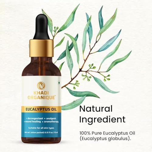 Image of Khadi Organique Eucalyptus Essential Oil | Natural Therapeutic Grade | Reduces Acne, Inflammation & Skin Irritation | Aromatherapy, Diffuser & Massage Oil for Relaxation & Glowing Skin - 15ml