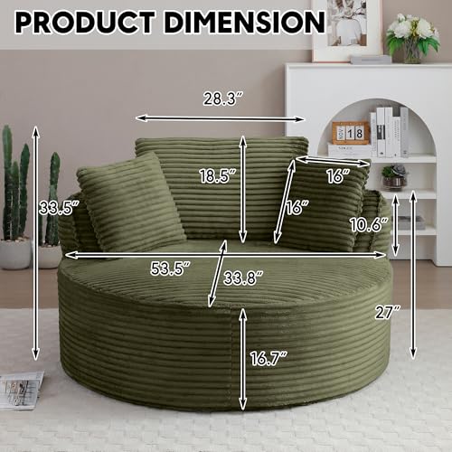 Image of Oversized Round Chair Lounge Chaise Indoor, 53.5 inch Upholstered Corduroy Deep Seat Single Cloud Sofa Chair, Fluffy Modern Large Circle Boneless Sleeper Sofa for Living Room, Bedroom, Green