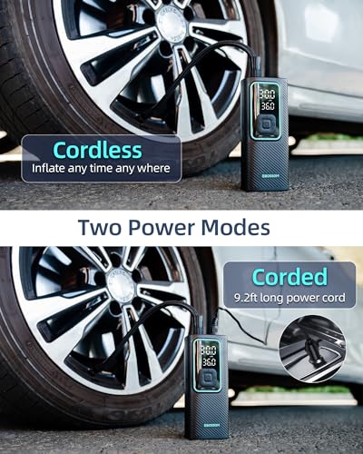 Image of Tire Inflator Portable Air Compressor, 150 PSI Mini Car Air Pump with 6000mAh Battery,12V DC, Pressure Gauge, Cordless Tire Inflator Rechargeable with Display & LED for Car, Motocycle, Bikes, Balls