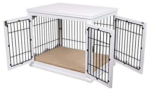 Internet's Best Decorative Dog Kennel With Pet Bed - Small Dog - Double Door - Wooden Wire Dog House - Indoor Pet Crate Side Table - White #TOP5