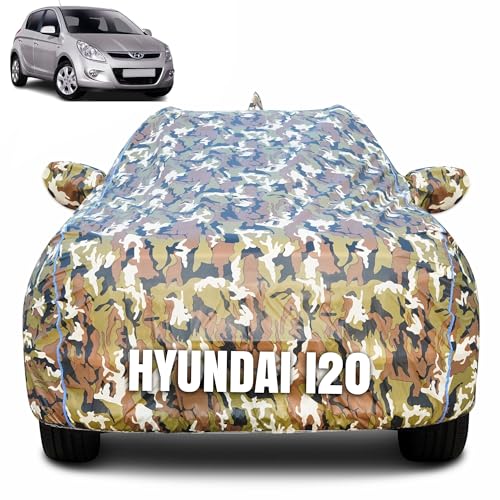 Image of 100% Waterproof Car Body Cover for Hyundai i20 (2008-2020) with Mirror Pocket (Heat & UV Resistant, Triple Stitched, Soft Lining, Bottom Elastic & Piping) Camouflage, Military Print