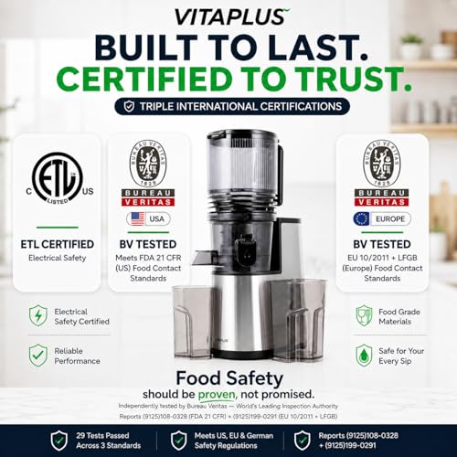 Image of VITAPLUS Cold Press Juicer with Stainless Steel Auger, Lab-Certified Food-Safe, AC Motor, 5.8 inch Whole-Fruit Chute, High Juice Yield Slow Masticating Juicer for Juice & Nut Milk, BPA-Free, Easy Clean