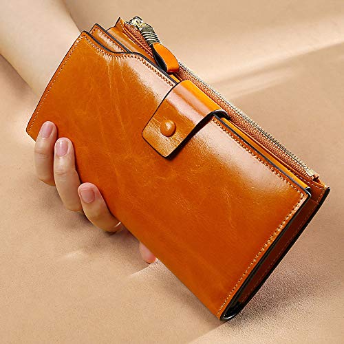 Ladies' Long Real Leather Wallet RFlD Anti-Theft Waxed Leather Multifunctional Clutch Purse (Brown)3
