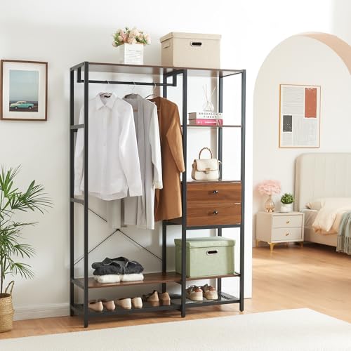 [en.casa] Perchero Burro Larem de Estructura Metálica con Barra y Estante con Rejillas Burro Ropa con 2 Compartimentos Abiertos 2 Cajones Armario Abierto para Entrada 180 x 120 x 40 cm - Color Nogal