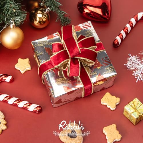 Image of Ribbli Red Velvet Wired Ribbon 1 Inch Metallic Red Gold Crushed Velvet Christmas Ribbon for Gift Wrapping Christmas Tree Decoration Crafts Wreaths Supplies-Continuous 10 Yards