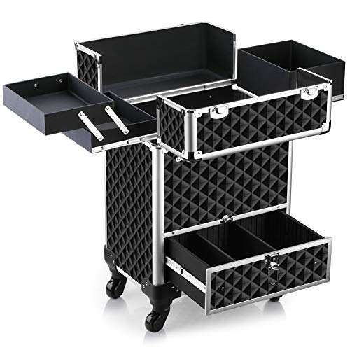 OUDMAY by Amazon - Makeup Case - Professional Rolling Cosmetic Travel Storage With Folding Trays and Drawer Crystal Black