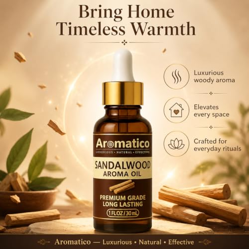 Image of AROMATICO Sandalwood Diffuser Oil, Pure Chandan Fragrance for Aromatherapy, Meditation & Calmness | Versatile Use in Diffusers, Air Fresheners | 30ml.