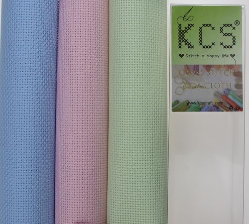 Image of KCS 3 pc of 15 inch x 18 inch(38cmx45cm) Counted Cross Stitch Cotton Aida Cloth Needlework Rolled Fabric Box,18CT,Light Blue+Pink+Light Green