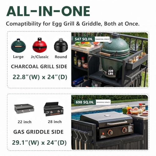 Image of Merax 80.5 inch Outdoor Kitchen Island for Big Green Egg& Blackstone Griddle, Solid Wood Grill Cart Table with Stainless Steel Top, Drawer for Large Big Green Egg and 21 inch /28 inch Blackstone Griddle, Black