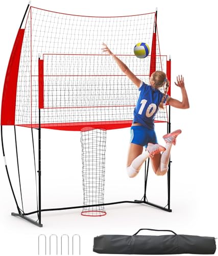 Virimolo Volleyball Trainingsnetz & Rebounder | 3-in-1 Tragbares Volleyball-Netz | 243 x 45 x 335 cm | Höhenverstellbar | Für Aufschlag Dunking Techniktraining