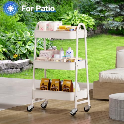 Image of OLIXIS Metal 3 Tiers Utility Rolling Cart, Mobile Storage Shelf with Lockable Caster Wheels, Organization for Livingroom, Bathroom & Narrow Places, White