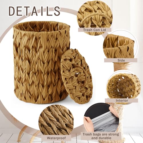 Image of Ctosree 1.3 Gallons Small Trash Can with Lid Handle Boho Woven Braided Bathroom Waste Basket Trash Can with 100 Garbage Bags for Bedroom Office Laundry(Braided Polypropylene, Caramel Color)