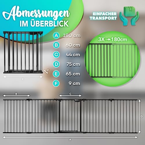 KIDUKU® Kaminschutzgitter mit Tür Metall 180 cm | Absperrgitter Ofenschutzgitter faltbar | Konfigurationsgitter inkl. 3 Elementen (Schwarz)
