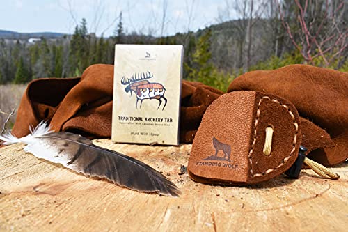 Standing Wolf Traditional Moose Leather Finger Tab For Archery | Traditional Style Archery Tab Finger Protector (3 Under) | Handmade Archery Tabs For Hunting & Target Practice (Right Hand) #TOP5