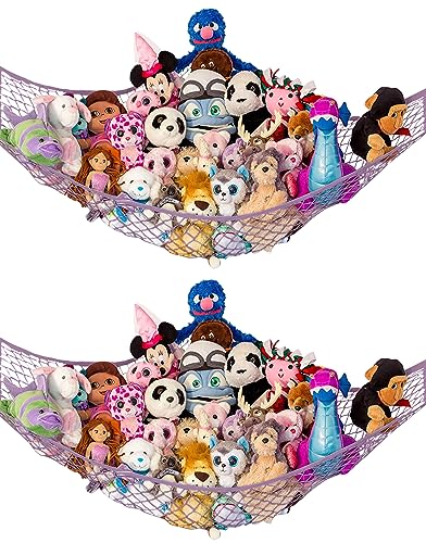 Image of Lilly's Love Stuffed Animal Hammock | Corner Hanging Organizer, Toy Storage, Stuffed Animal Storage Net | Made from Quality Fishing Net, Holds 12lbs | 67 inchx47 inchx47 inch (Pastel Purple, 2 Pack)