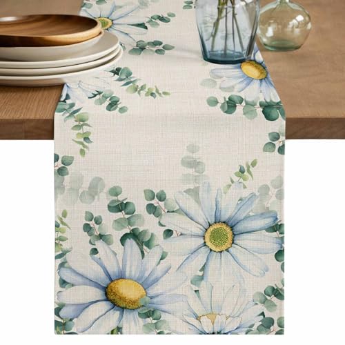 Table Runner 72 Inches Long, Daisy Eucalyptus Leaves Table Runners