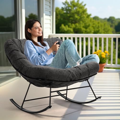 Image of Bme Patio Rocking Chair Outdoor & Indoor, Metal Patio Lounge Rocking Chair with Thick Cushion, Comfy Modern Rocker Chair for Living Room, Porch, Backyard, Grey Cushion - Black Matte Rocker