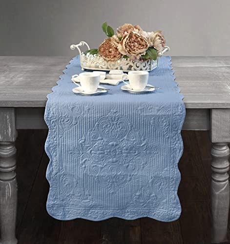Camino de Mesa, Mantel, Corredor de la Tabla Boutis, Camino de Mesa con Borde Festoneado Romántico Rústico Shabby Chic - Boutis Pique - 50x150 - Azul Polvo Cover