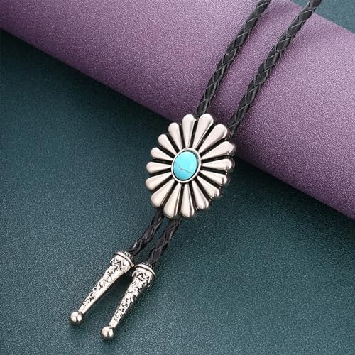 Image of Turquoise Bolo Tie for Men, Leather Braided Necktie Western Cowboy Bola Tie Costume Accessories for Men Women