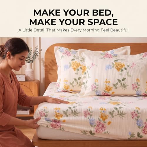 Image of VAS COLLECTIONS 240 TC Premium Fitted Bedsheet, Floral Printed King Size Elastic Deep Pocket Mattress Cover, Soft Breathable Bed Sheet for Bedroom, 72 x 78 + 10 Inches (183 x 198 + 25 cm) - Soft Honey