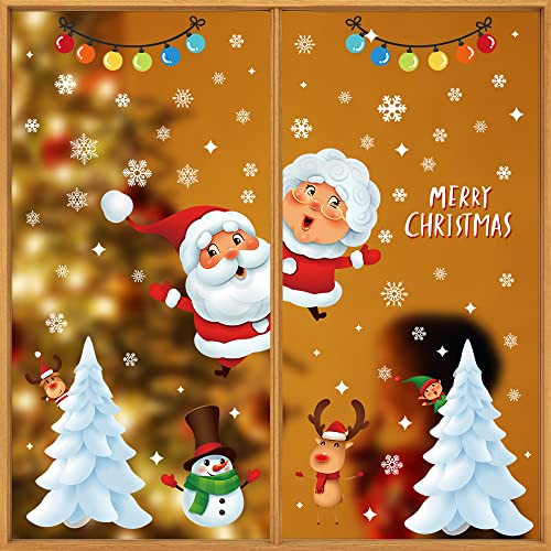 O-Kinee Pegatinas Navidad para Ventanas, Navidad Pegatina de Pared, Pegatina Copo de Nieve Navidad,Papá Noel Muñeco de Nieve Alce de La Puerta Decoración Ventana Bricolaje Pegatinas Electrostáticas Cover