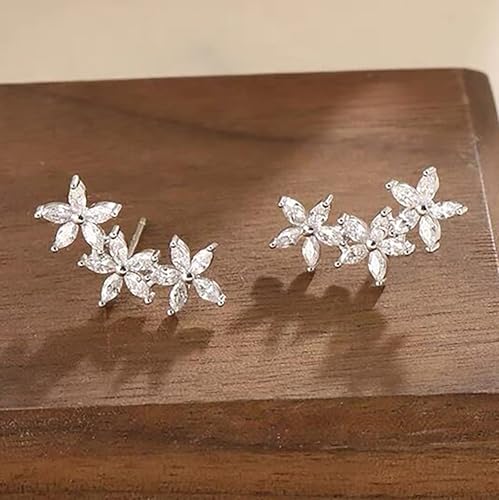 Dainty Flower Stud Earrings for Women, 925 Sterling Silver Minimalist Sparkling Zircon Flowers Cluster Ear Climbing Earring for Bride Taecher Wedding Birthday Jewelry Gift3