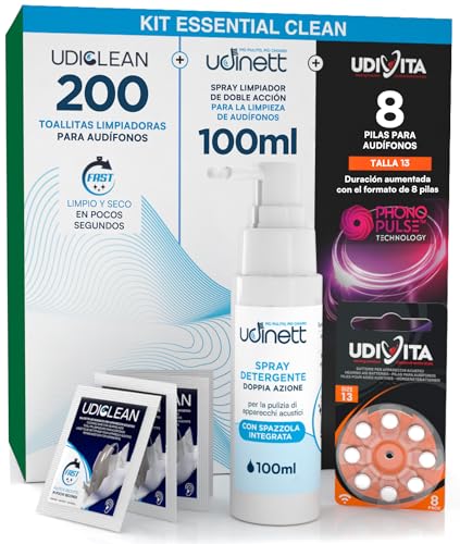 8 Pilas para Audífonos Tamaño 13 PR48 Naranja + Spray Limpiador con Cepillo Integrado Udinett Fórmula Delicada 100ml + 200 Toallitas Limpiadoras Udiclean Tamaño de Bolsillo - Kit Essential Clean