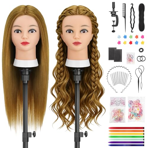 TwoWin 26 pouces Tête Mannequin Coiffure 80% Cheveux Naturels, Tête à coiffer avec Support de pince de Table + Kit Tressage - Idéal pour Salon, École et Pratique...