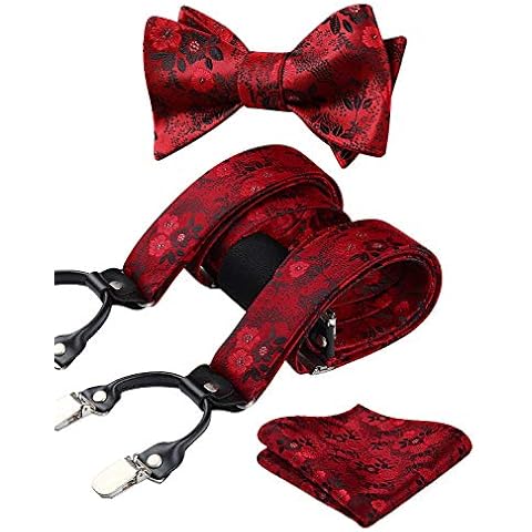HISDERN Tirantes para hombres Tirantes de corbata Conjunto de panuelo de bolsillo ajustable con corbata de lazo ajustable Negro rojo Cover