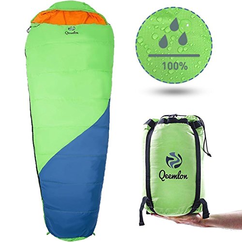 QEEMLON All Season Mummy Sleeping Bag for Adults, Boys, Girls & Teens - Waterproof, Effective Protection from Cold - Portable & Compact for Backpacking, Camping, Hiking with Compression Sack