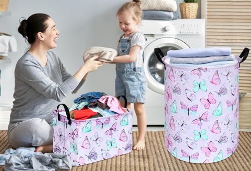 Image of Kids Laundry Hamper Clothes Gift Basket Storage Laundry Baskets Organizer Bin with Handles for Nursery Room (Purple Butterfly)