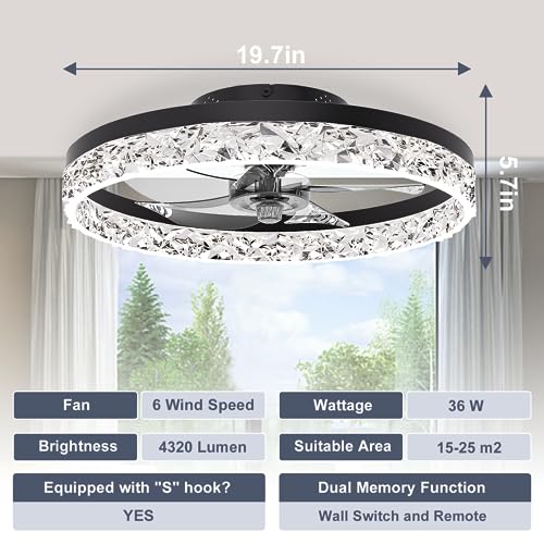 Image of VOLISUN Low Profile Ceiling Fan with Lights and Remote, No Assembly,19.7in Modern Ceiling Fans Flush Mount, 3000K-6500K Dimmable Bladeless LED Fan Light, Black Fandelier Ceiling Fans for Bedroom