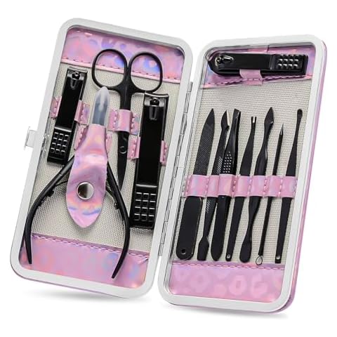 ANRUI Manicure Kit Nail Clippers Set Pedicure Kit, 12 Pieces Professional Grooming Kit, Stainless Steel Nail Care Kit for Women and Men with Luxurious Travel Case -Black Cover