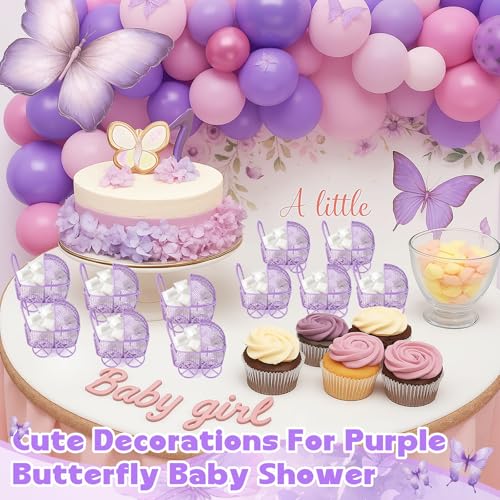 Image of Threehoney Baby Shower Mini Carriage Decoration Metal Wired Fillable Candy Stroller Baby Shower Table Centerpiece for Guest Gender Reveal Wedding Party Favor Gift (Purple,24 Pcs)