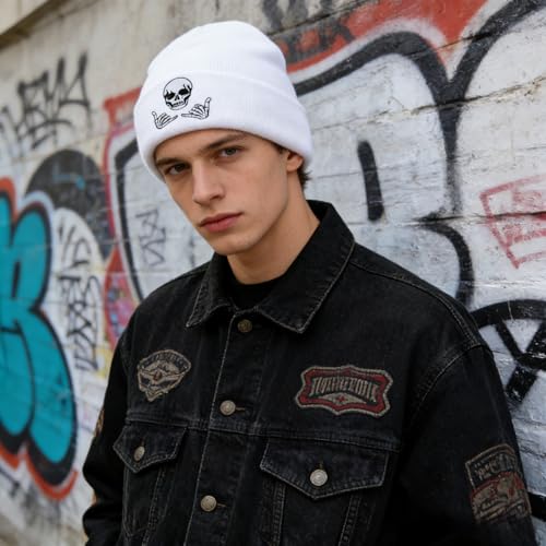 Image of Embroidered Skeleton Beanie Hat Winter Stretch Knit Skull Cap for Men Women
