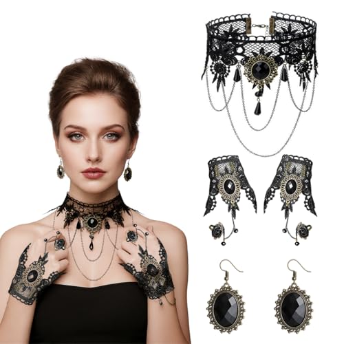 KOQAIIZ Gothic Schmuck Set, Spitze Choker, Armband, Ohrringe für Halloween, Karneval, Maskerade